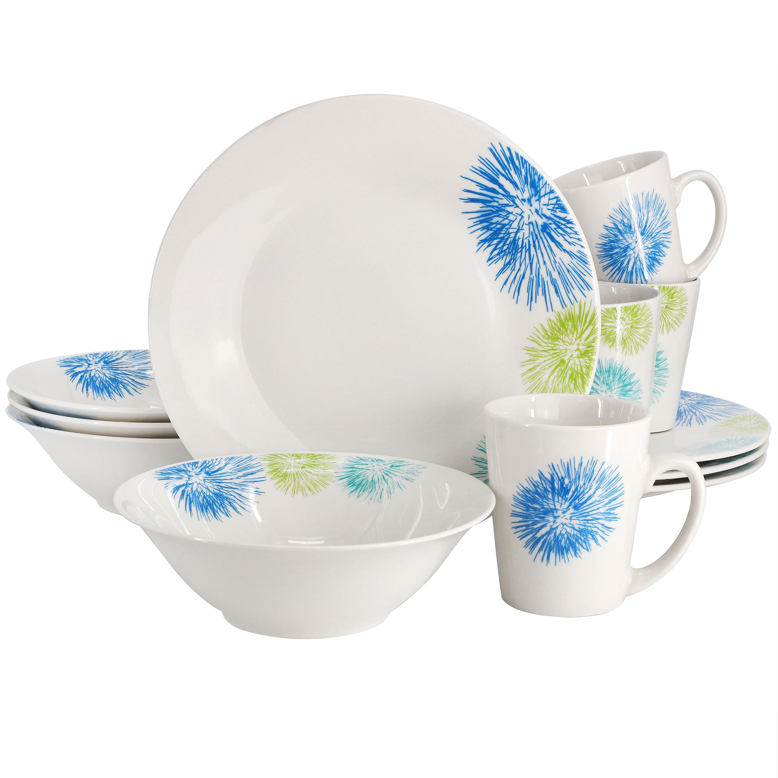 Gibson Home Blue Meadow 12 Piece Fine Ceramic Dinnerware Set in White with Colored Accents - Free Shipping