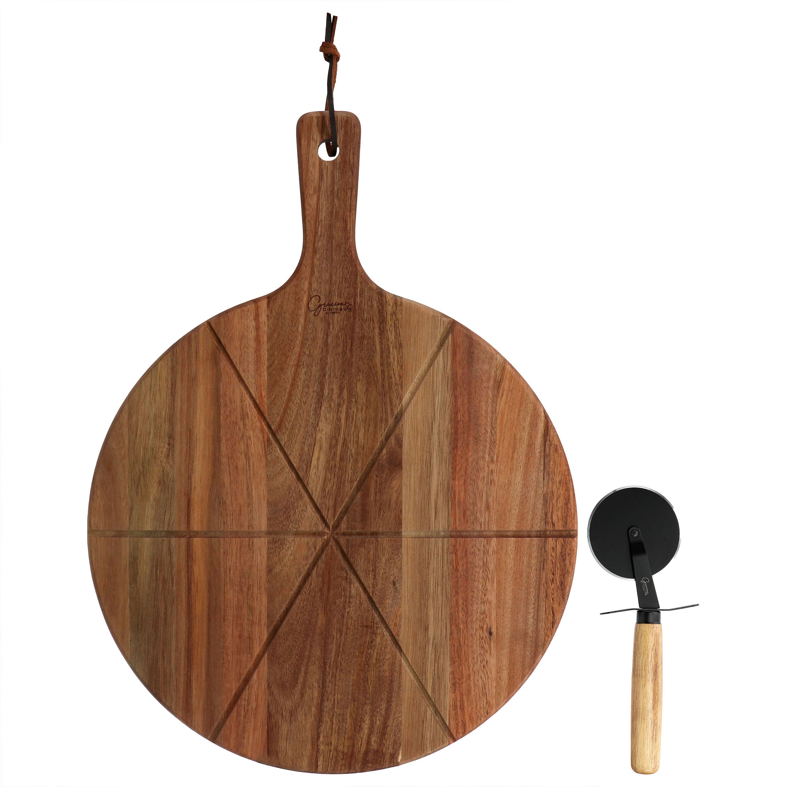Gibson Elite 2 Piece Acacia Wood Serving Board and Pizza Cutter Set in Brown - Free Shipping