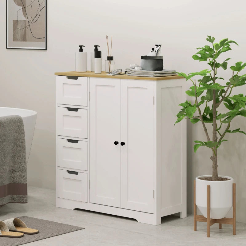 Freestanding Bathroom Floor Cabinet, Modern Bathroom Cabinet with Adjustable Shelf, 4 Drawers and 2 Doors, White