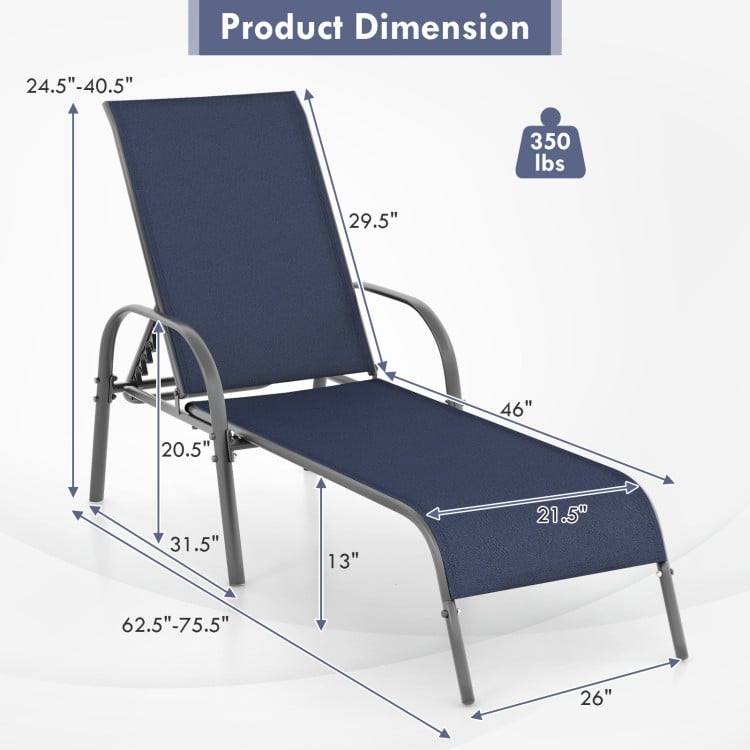 2 Pcs Outdoor Patio Lounge Chair Chaise Fabric with Adjustable Reclining Armrest-Navy