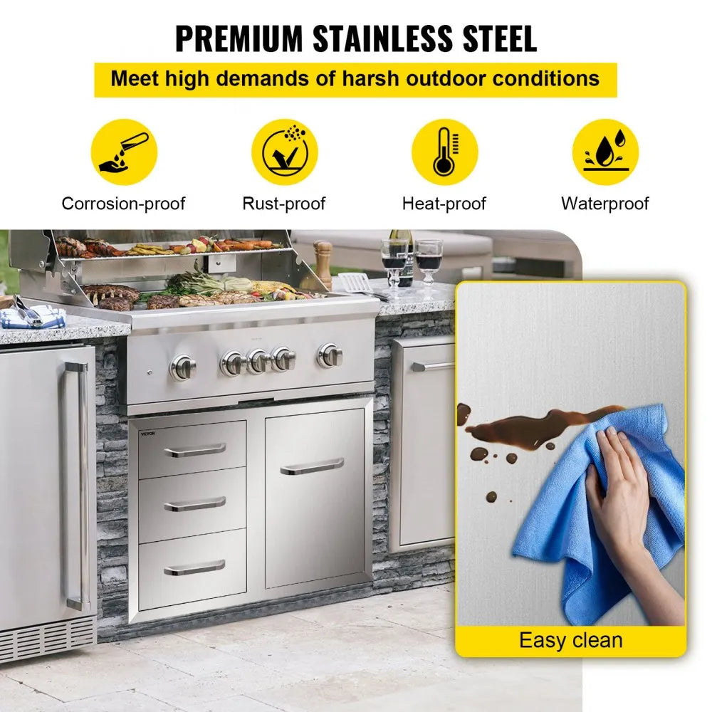 VEVOR Outdoor Kitchen Door Drawer Combo 29.5\" W x 22.6\" H x 21.7\'\'D, Access Door/Triple Drawers with Propane Drawer and Adjustable Garbage Ring, Perfect for BBQ Island Patio Grill Station