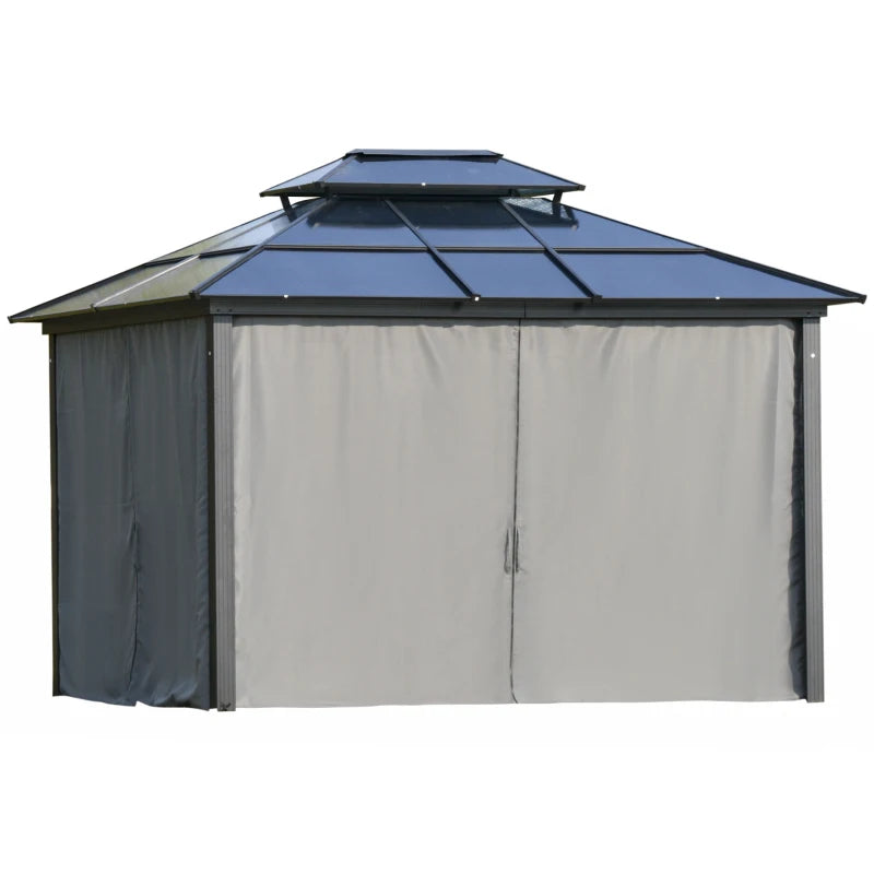 Outsunny 10'x12' Hardtop Patio Gazebo Aluminum Gazebo Canopy with Double Tier Roof, Curtains, Netting Sidewalls, Black & Grey