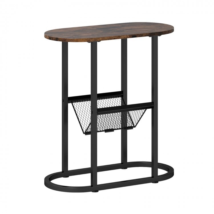 2-Tier Oval Narrow Bedside End Table-Rustic Brown
