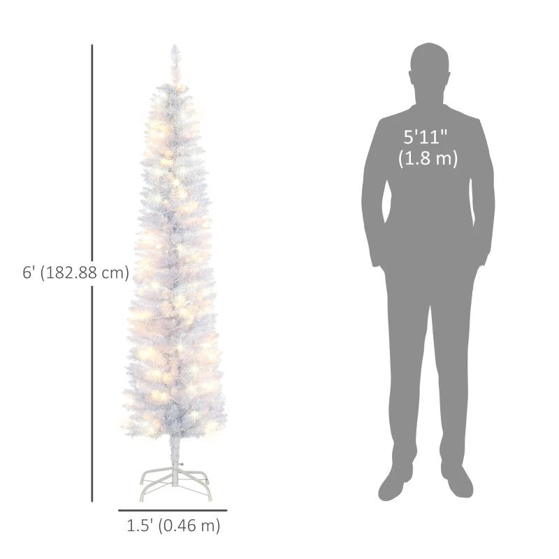 HOMCOM 6ft Prelit Pencil Artificial Christmas Tree – 395 Realistic Branches, 100 LED Lights, Foldable Metal Base, White