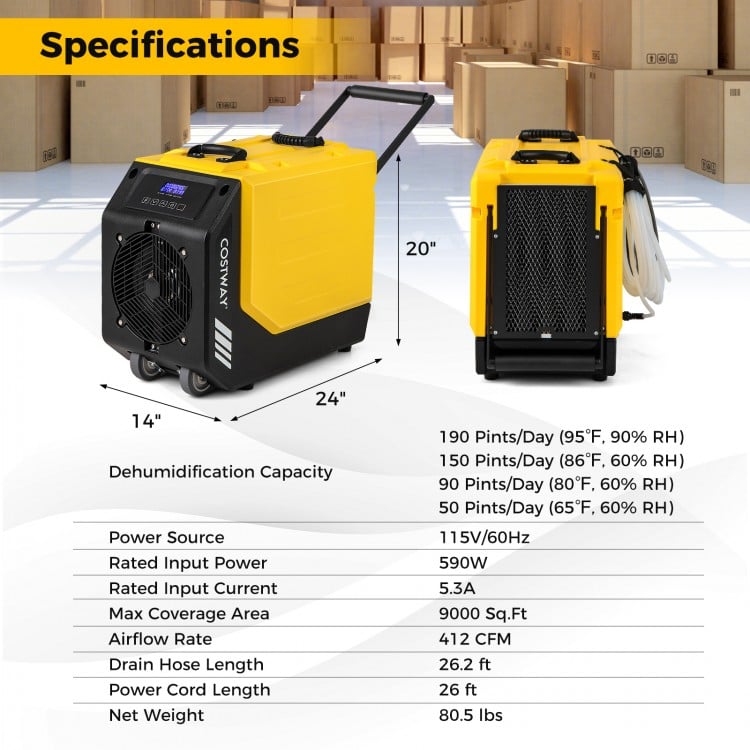 190 PPD Commercial Dehumidifier with Pump and 2 Wheels