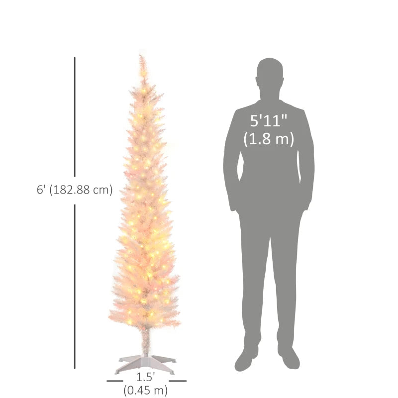 HOMCOM 6ft Pre-Lit Pencil Artificial Christmas Tree – Colourful Surface Tips with Colourful LED Lights, White