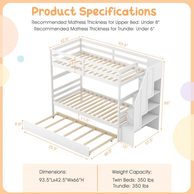 Home Wood Bunk Bed with Guard Rail and 4-step Storage Stairs No Box Spring Needed-White