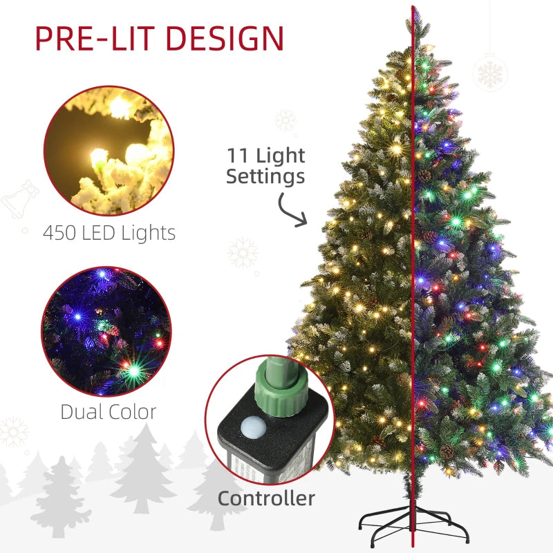 HOMCOM 7FT Prelit Artificial Christmas Tree with Dual-Colour LED Lights, Hinged Xmas Tree with Remote for Home & Office Holiday Décor