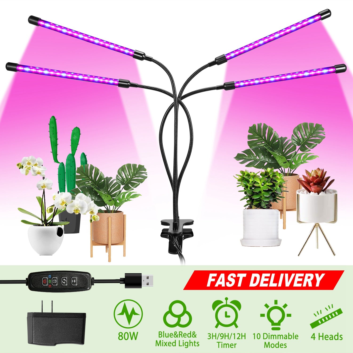 Grow Lights for Indoor Plants, iMounTEK 80W 80 LEDs Plant Lights with Red Blue Full Spectrum 10 Dimmable Level 360°Adjustable Gooseneck 3/6/12H Timer