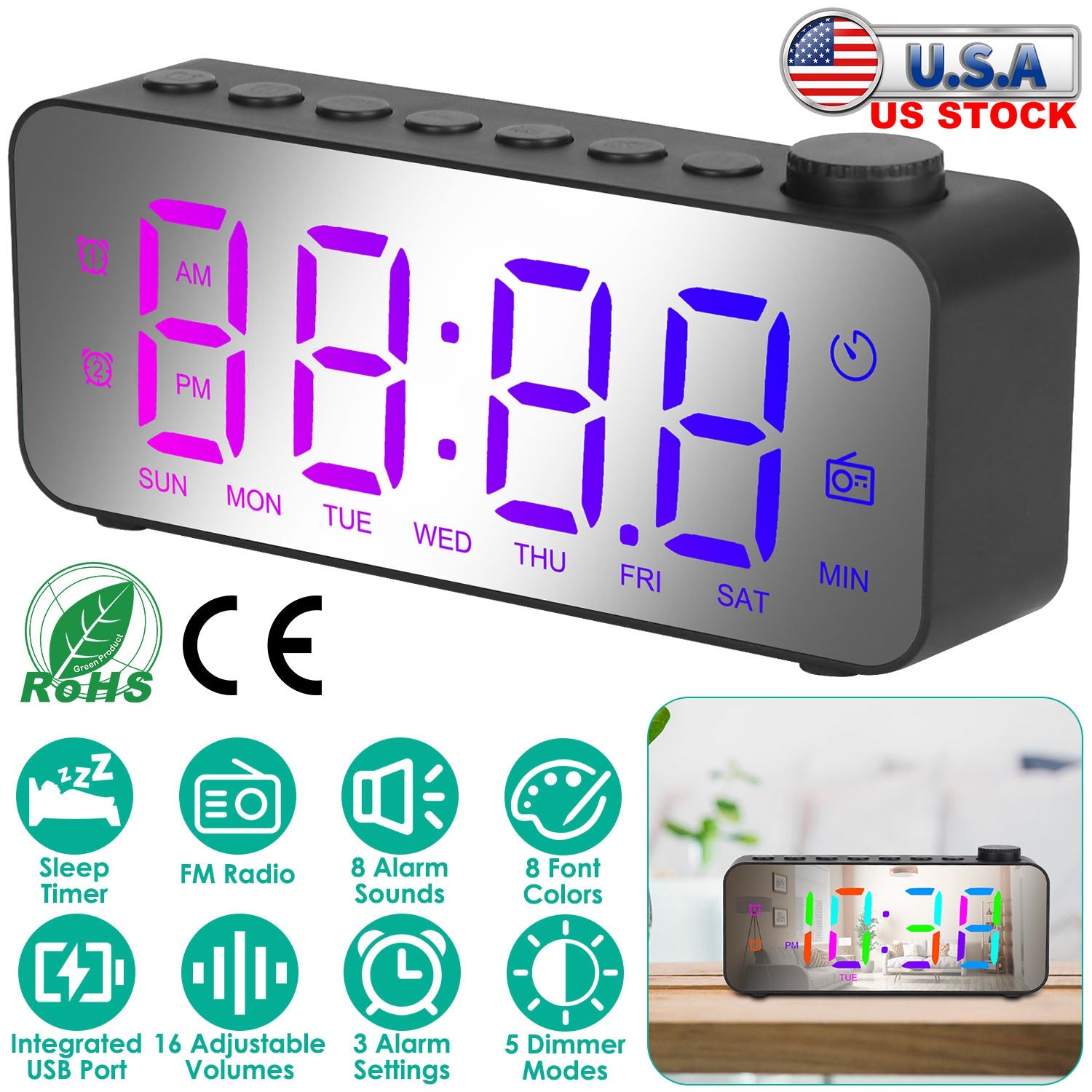 RGB Color LED Digital Alarm Clock Electric Alarm Clock with 8 Alarm Sounds 8 Font Colors 16 Adjustable Volumes 5 Dimmer Modes 3 Alarm Settings Mirror