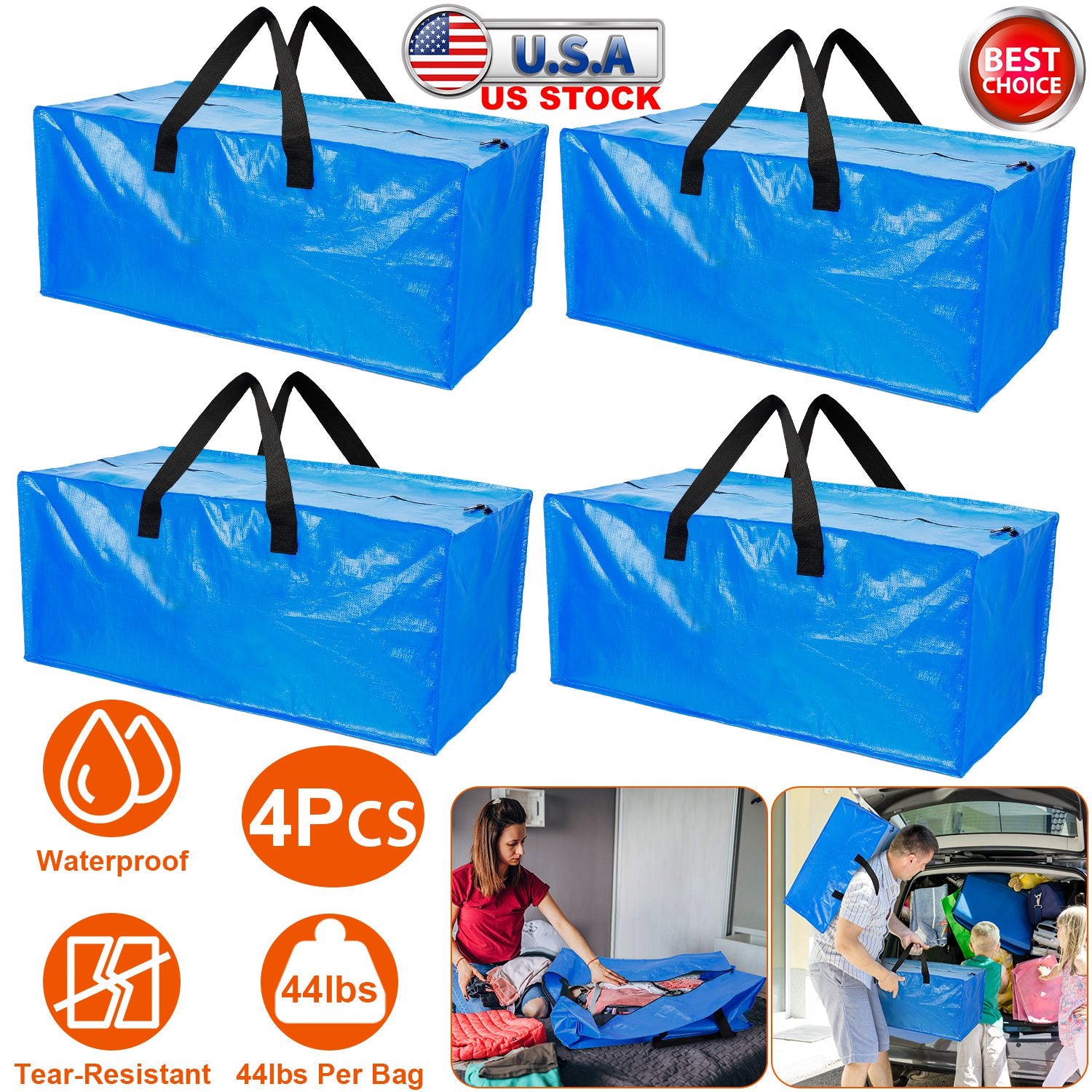4Pcs Moving Bags Heavy Duty Container Reusable Plastic Totes Blue Moving Bin Zippered Storage Bag