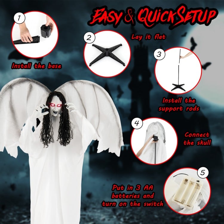 6.6 Feet Halloween Animatronic Standing Angel with Sound-Activated Light-up Eyes and Flapping Wings