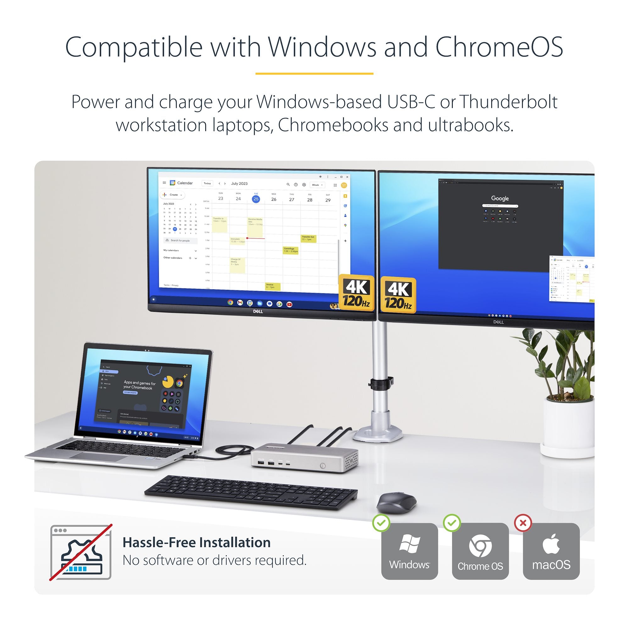 USB4 Docking Station, USB-C 40Gbps, Dual Video HDMI, Up to 2x 4K 60Hz 4:4:4 (RGB) or 2x 4K 120Hz 4:2:2, Multi-Monitor Dock, 6x USB, 2.5GbE, 100W PD