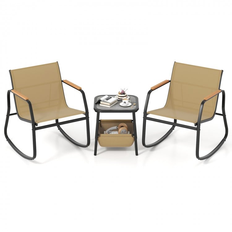 3 Piece Rocking Bistro Chairs and Side Table Set with Storage Bag-Brown