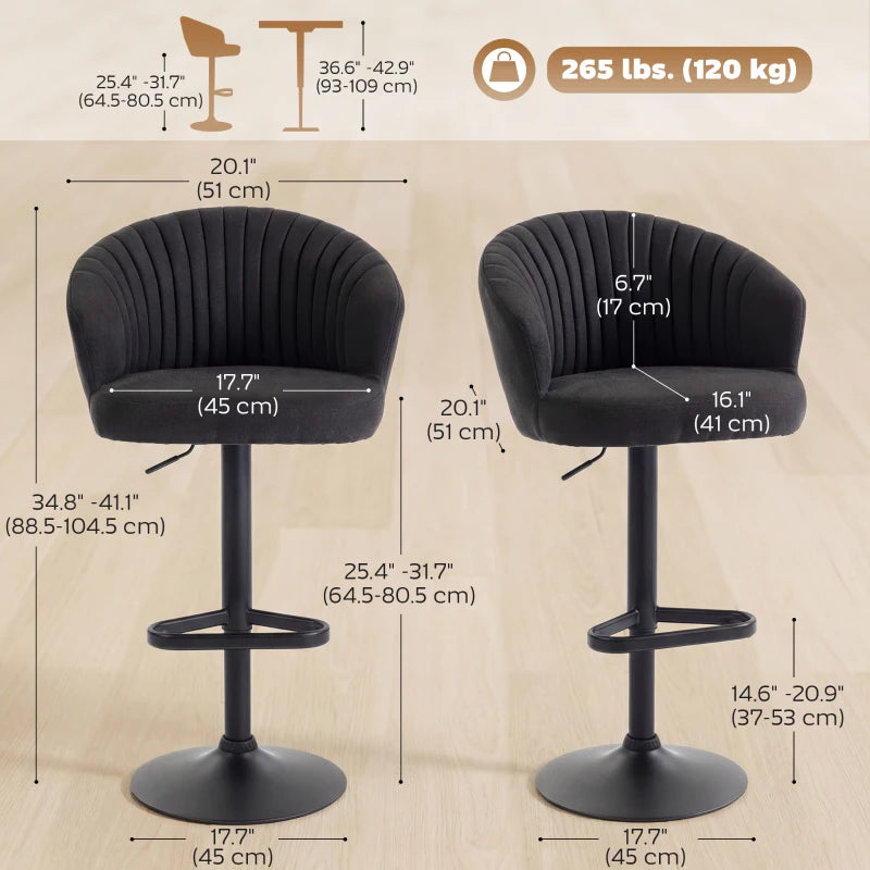 Adjustable Bar Stools Set of 2, Upholstered Kitchen Stools with Swivel Seat, Steel Frame, Footrest, Black