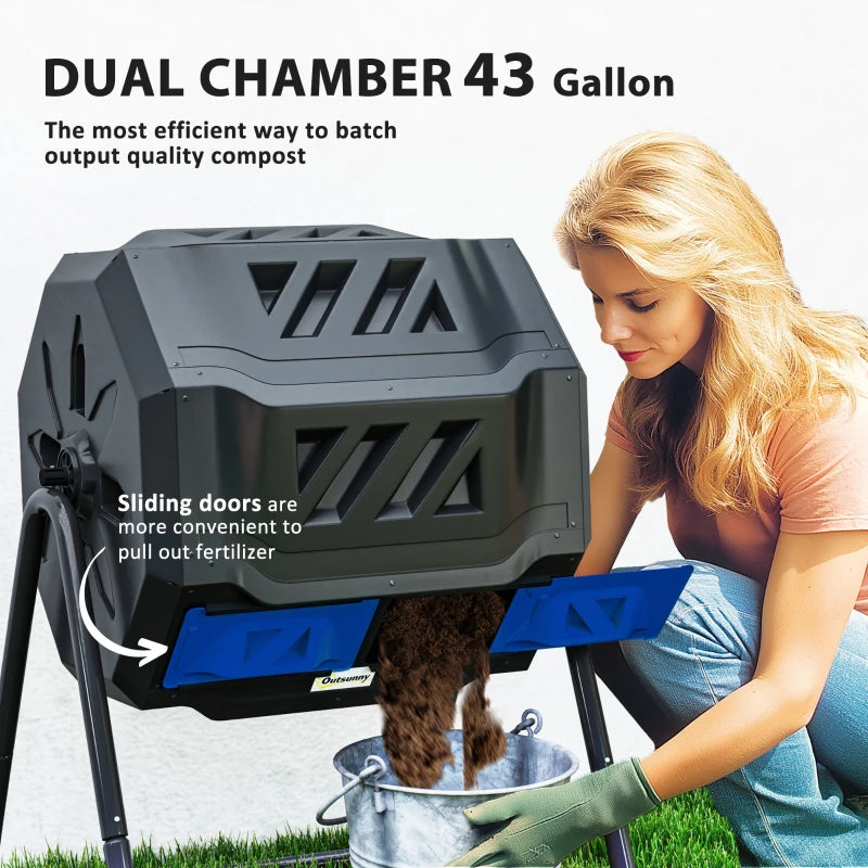 Tumbling Compost Bin Outdoor Dual Chamber 360° Rotating Composter 43 Gallon with Sliding Doors, Blue