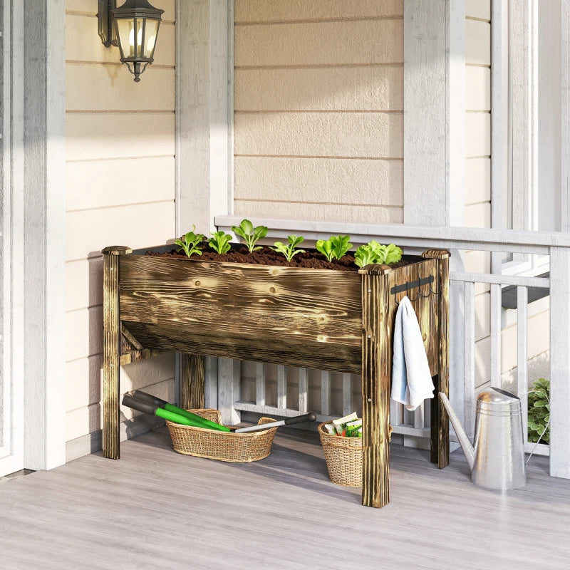 Wooden Raised Garden Plant Stand Outdoor Tall Flower Bed Box with Hooks, 48" x 24" x 32", Carbonized