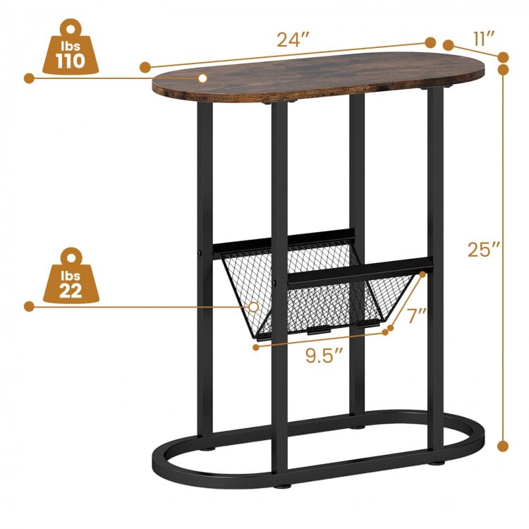 2-Tier Oval Narrow Bedside End Table-Rustic Brown