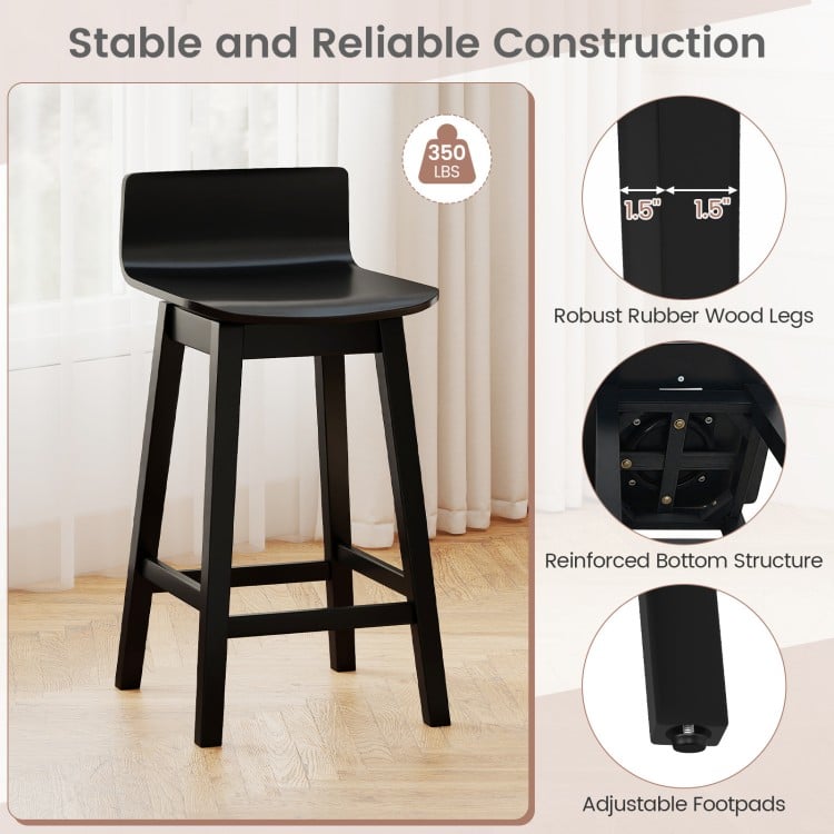 24.5 Inch Swivel Wooden Bar Stools Set of 2 with Rubber Wood Legs and Low Back-Black
