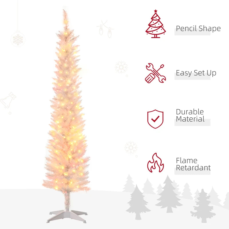 HOMCOM 6ft Pre-Lit Pencil Artificial Christmas Tree – Colourful Surface Tips with Colourful LED Lights, White