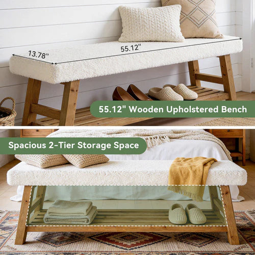 55" Upholstered Entryway Bench, 2-Tier Shoe Storage Bench with Solid Wood Frame and Cushion, White & Brown