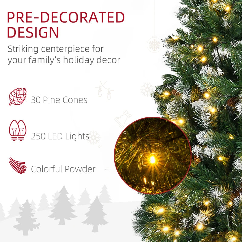HOMCOM 7.5ft Decorated Skinny Pre-Lit Artificial Christmas Tree – Snow-Dipped Branches with Pinecones, Auto Open Design