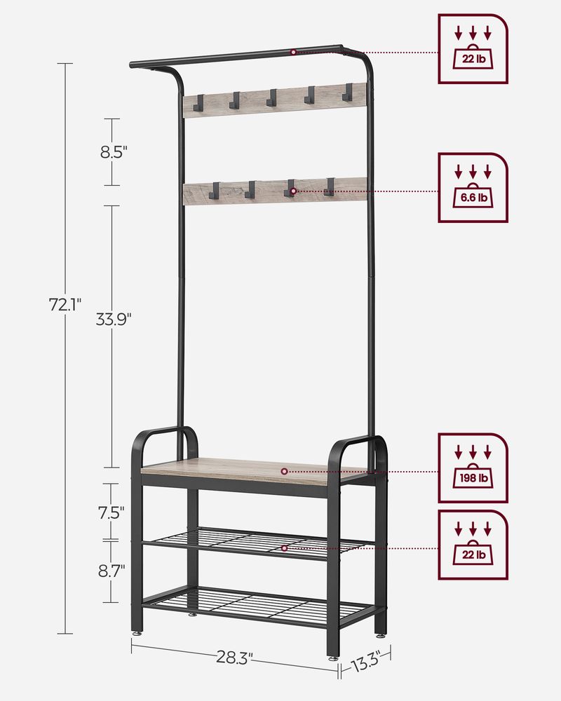 VASAGLE Industrial Coat Rack with Bench for Entryway