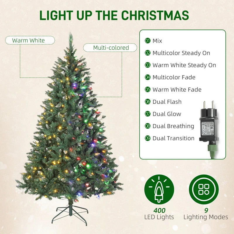 HOMCOM 6ft Frosted Pre-Lit Christmas Tree – Full Spruce with Dual Colour LED Lights, Hinged Design, Easy Assembly