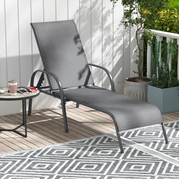 2 Pieces Outdoor Patio Lounge Chair Chaise Fabric with Adjustable Reclining Armrest-Dark Gray