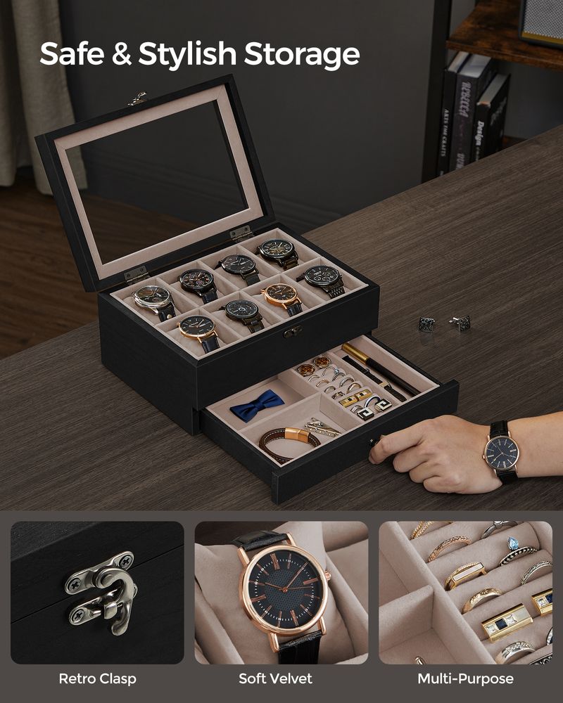 SONGMICS 8 & 12-Slot Watch Box with Large Glass Lid