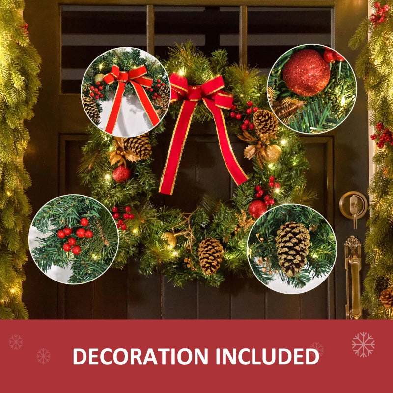 HOMCOM 24" Pre-Lit Artificial Christmas Wreath – Green Spruce with Cones, Red Berries & 20 LED Lights, Battery Operated