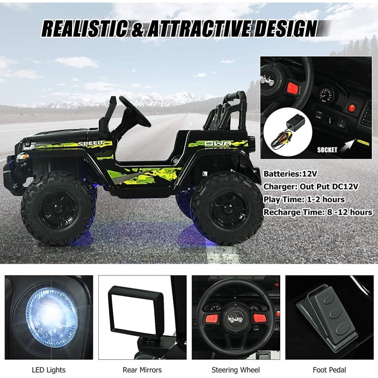 12V Kids Ride-on Jeep Car with 2.4 G Remote Control-Black & Green