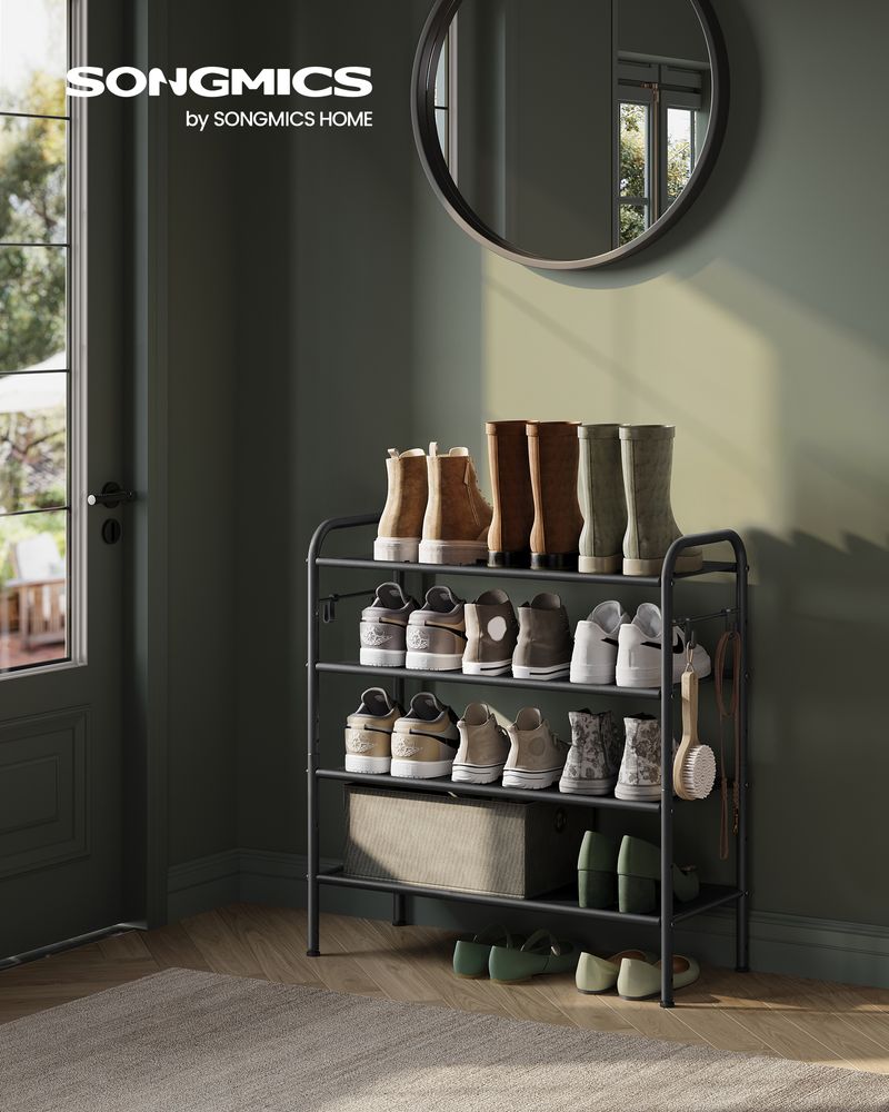 SONGMICS Fabric Shoe Rack with 4 Hooks Ink Black