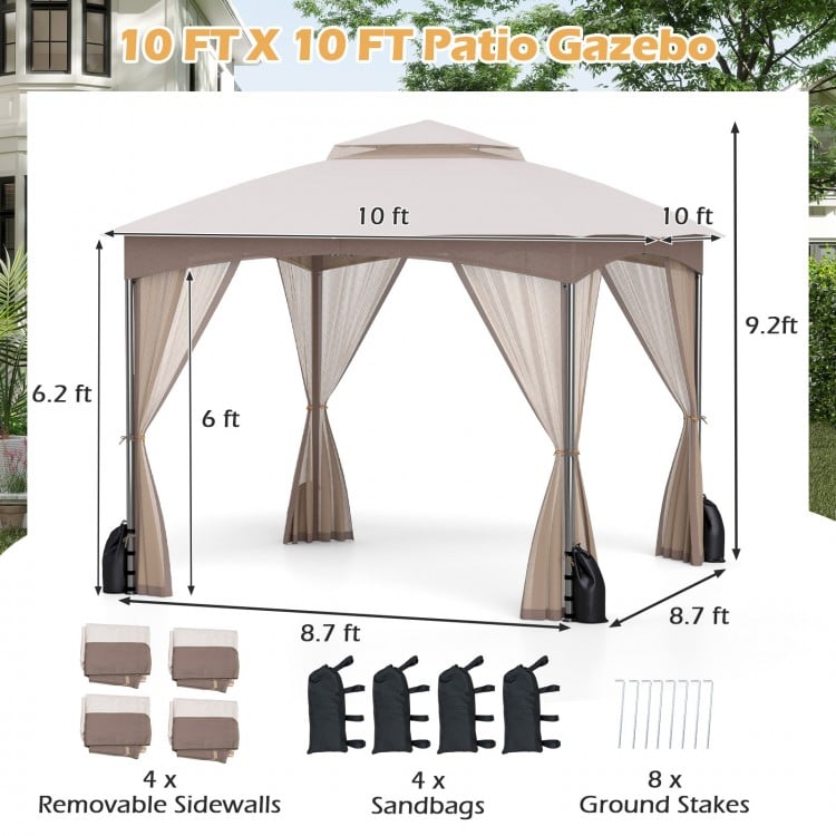 10 X 10 FT Heavy-Duty Patio Gazebo with Netting Walls and 4 Sandbags-Khaki