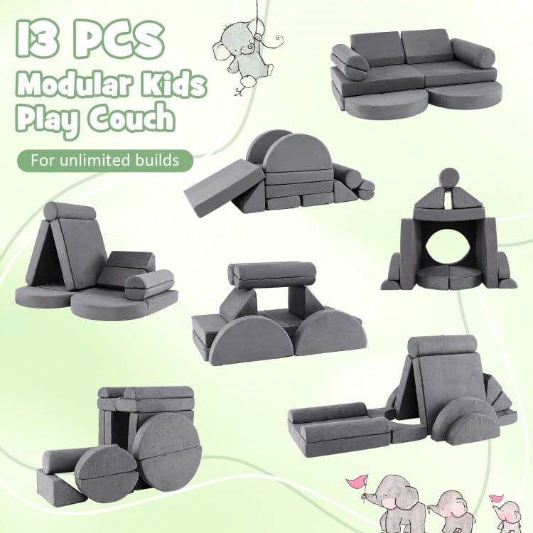 13 Pieces Convertible Modular Kids Play Couch for Nursery Playroom Bedroom-Gray