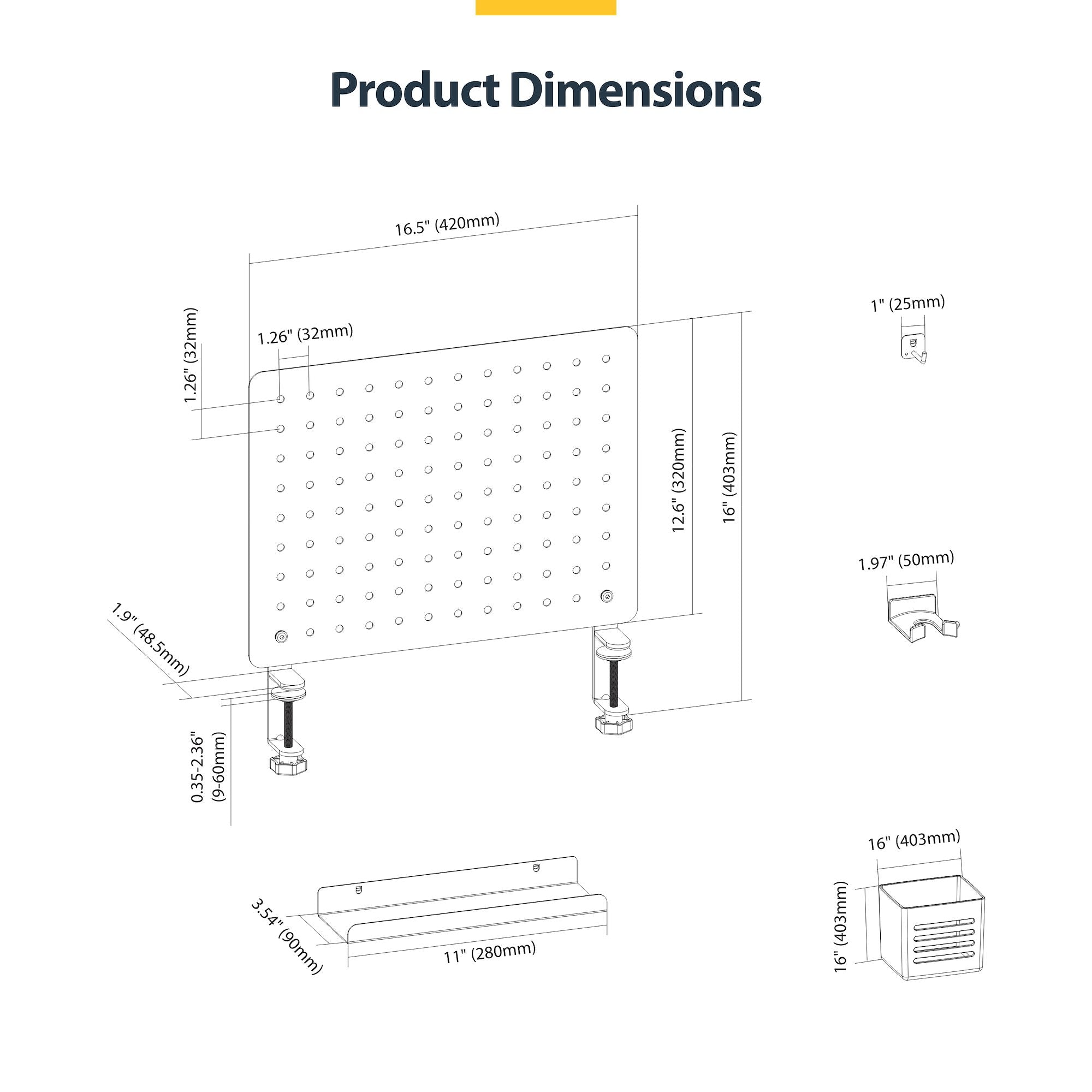 Clamp-On Pegboard with Accessories, 16.5 x 12.5in (42 x 32cm), Steel Pegboard, Desktop Storage Organizer, Desk Mount Peg Board, Black