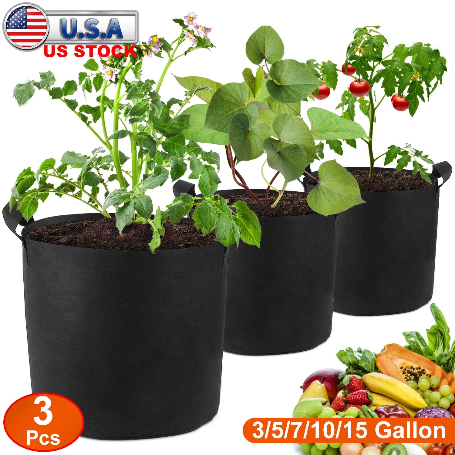 3 Pack Plant Grow Bags Potato Vegetable Planter Bags Breathable Planting Fabric Pots 3Gallons