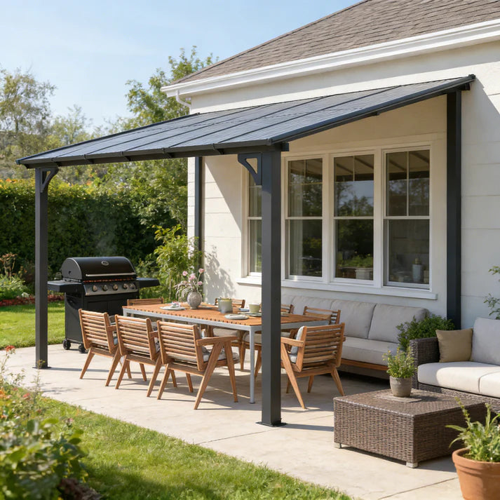 Yodolla 12' x 10' Wall Mounted Hardtop Pergola Gazebo with Weather Resistant Roof – Dark Grey