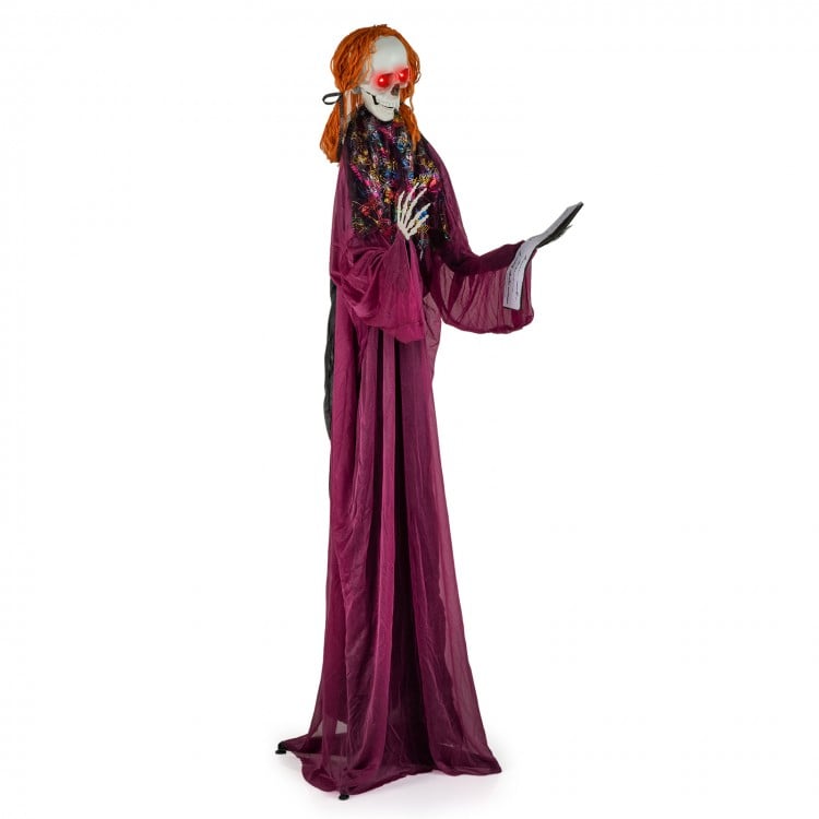 6 Feet Halloween Animatronic Standing Girl Holding Book with Sound-Activated Light-up Eyes and Moving Arms & Head