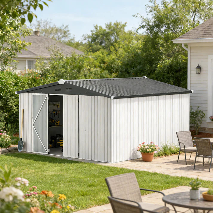 Yodolla 12' x 12' Heavy Duty Outdoor Metal Storage Shed with Lockable Door – Weather Resistant Garden Utility Shed