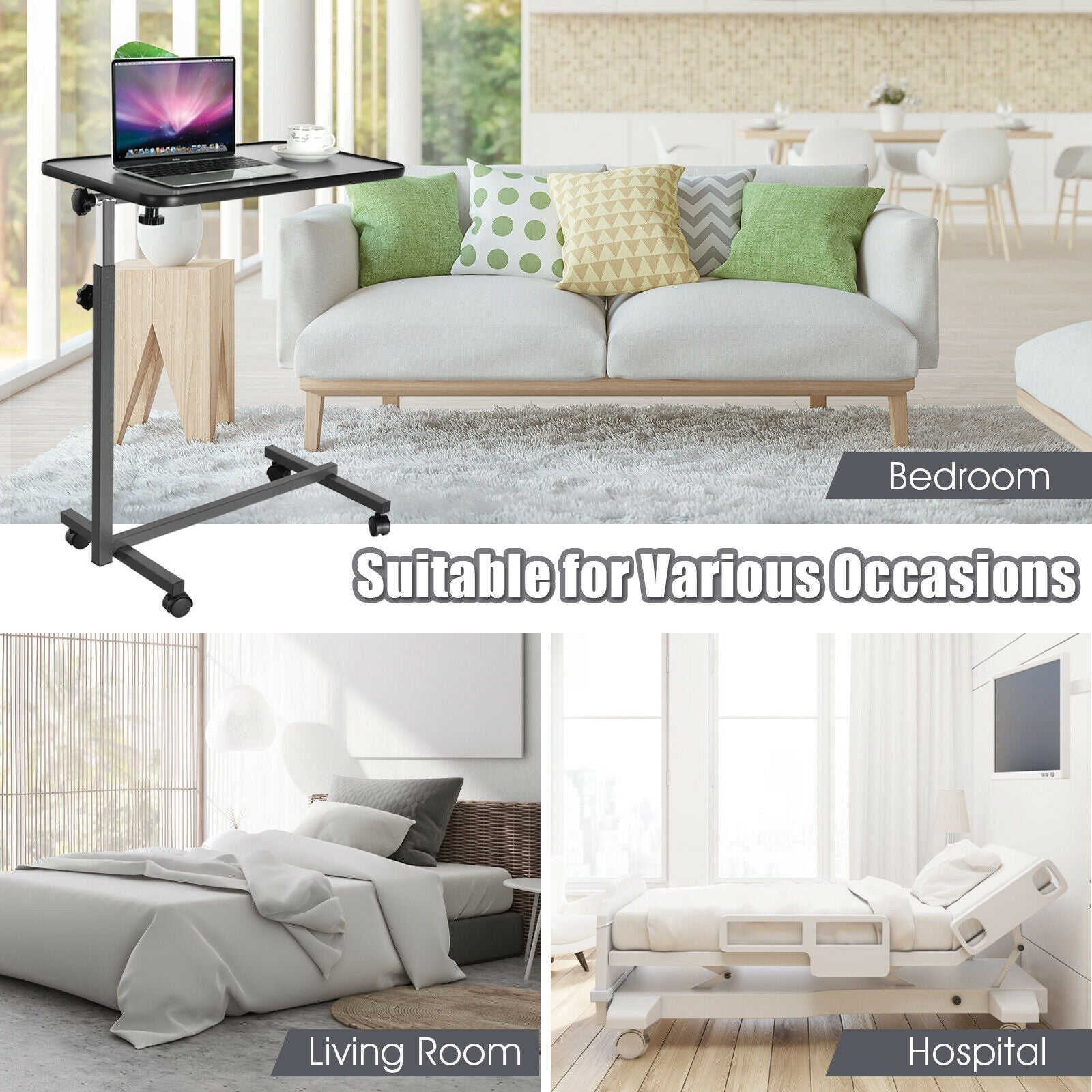 Overbed Rolling Table Food Tray-GrayÂ