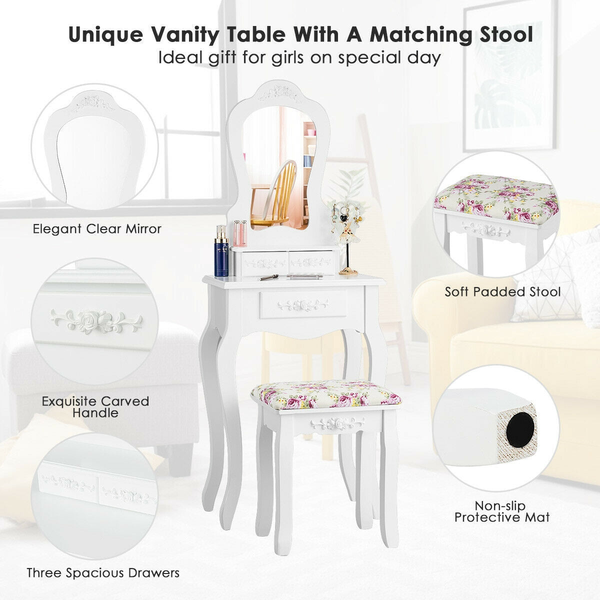 Makeup Dressing Table and Bench 3 Drawers and Cushioned Stool for Girls-WhiteÂ
