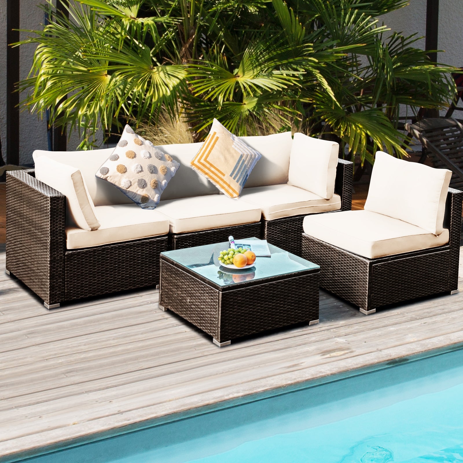 5 Pieces Cushioned Patio Rattan Furniture Set with Glass Table-WhiteÂ