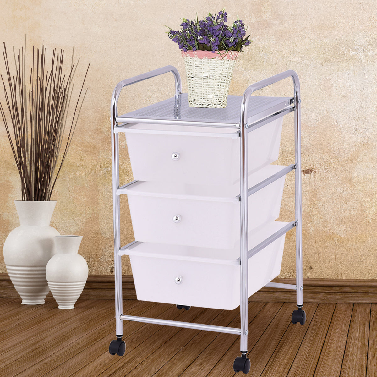3 Drawers White Metal Rolling Storage CartÂ