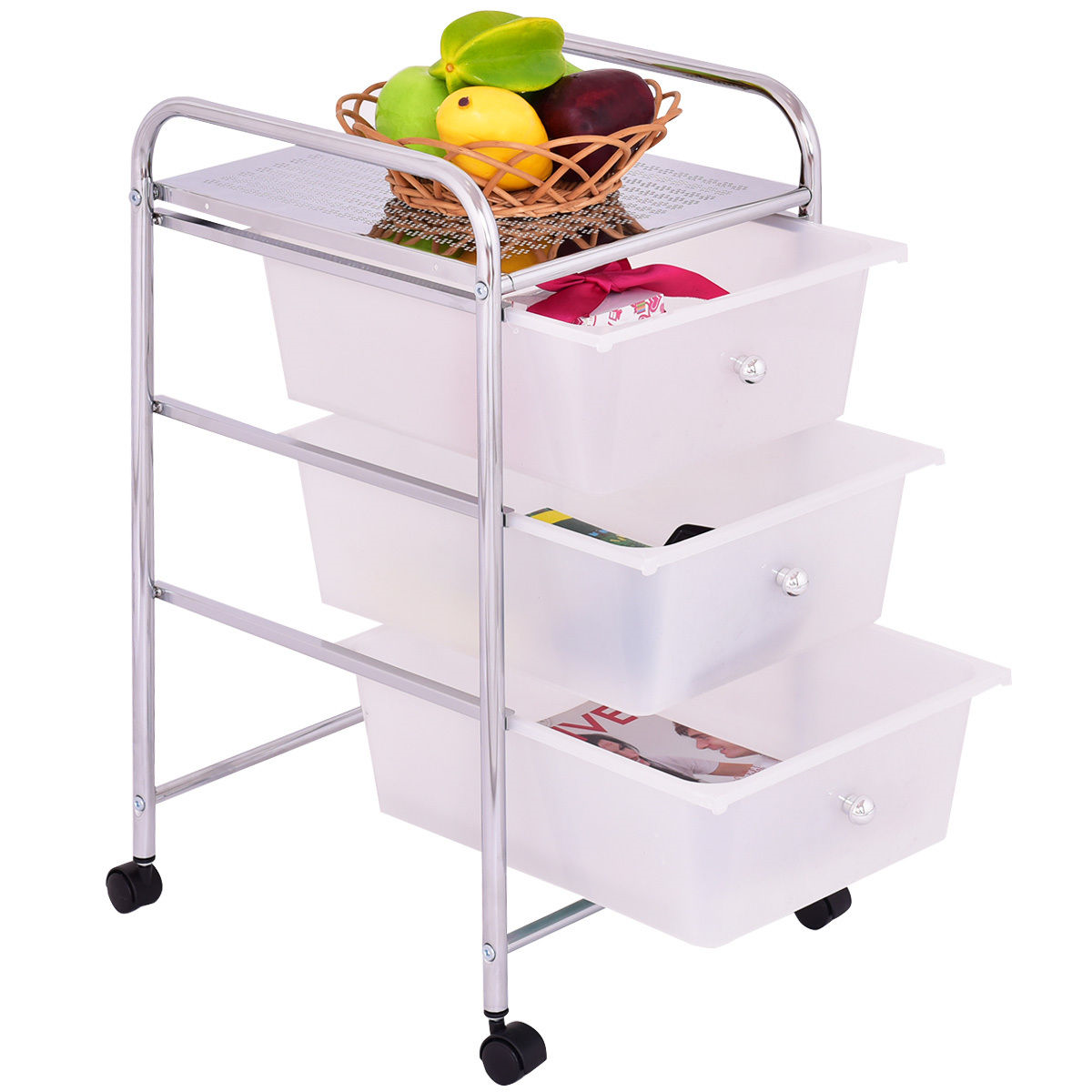 3 Drawers White Metal Rolling Storage CartÂ