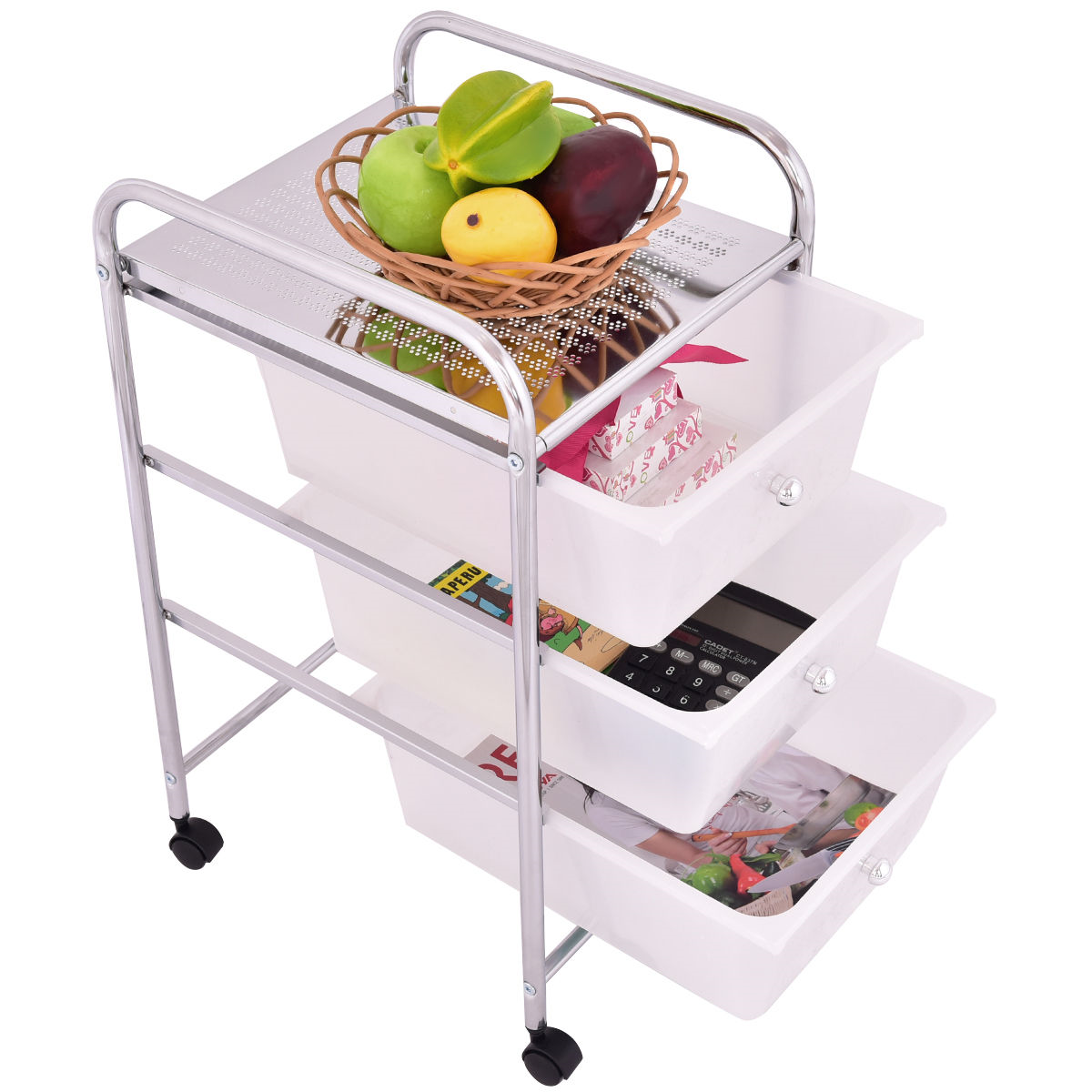 3 Drawers White Metal Rolling Storage CartÂ