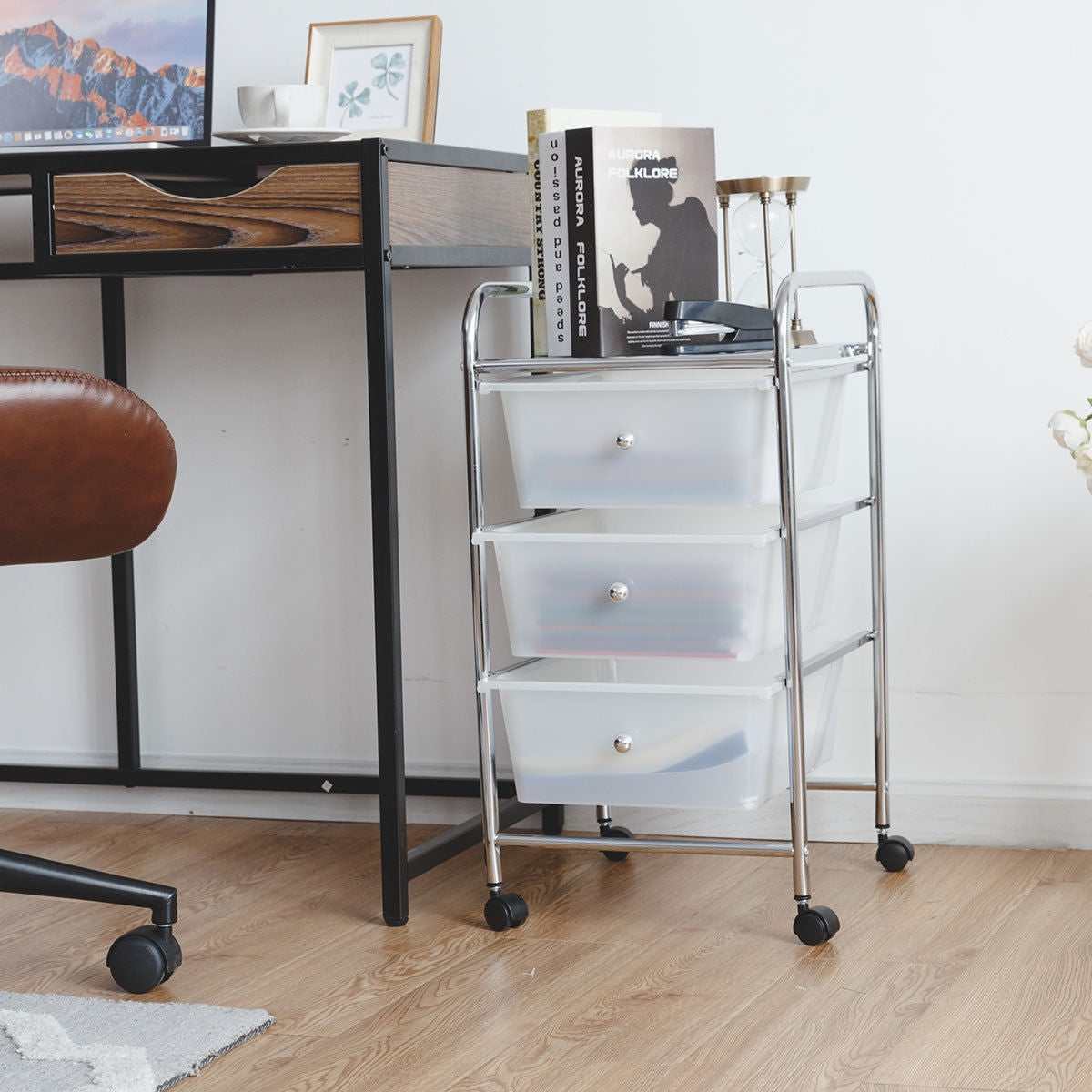 3 Drawers White Metal Rolling Storage CartÂ