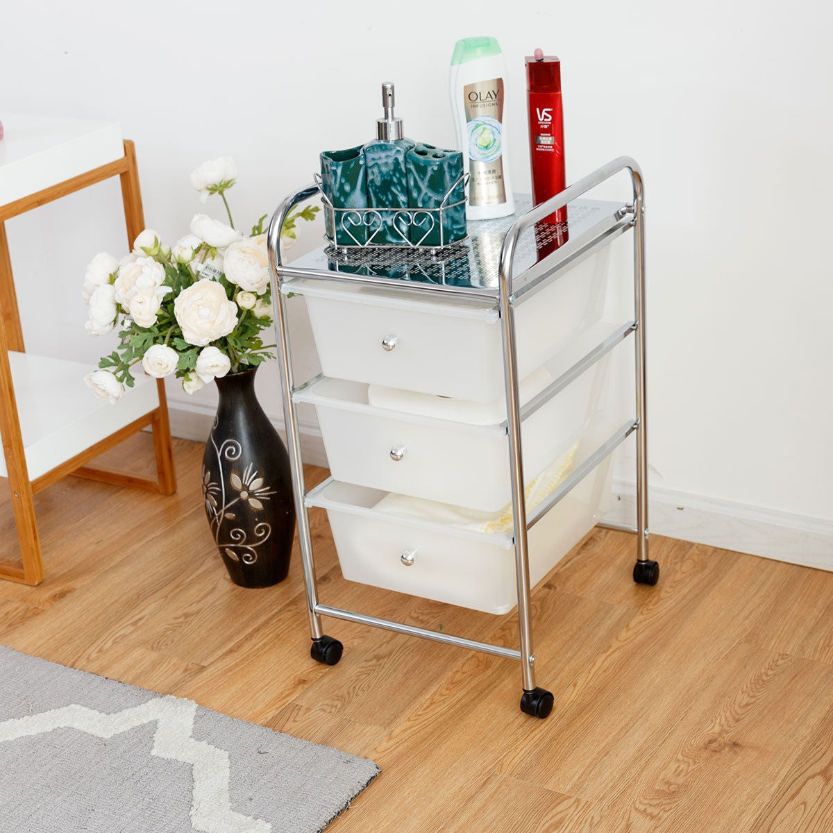 3 Drawers White Metal Rolling Storage CartÂ
