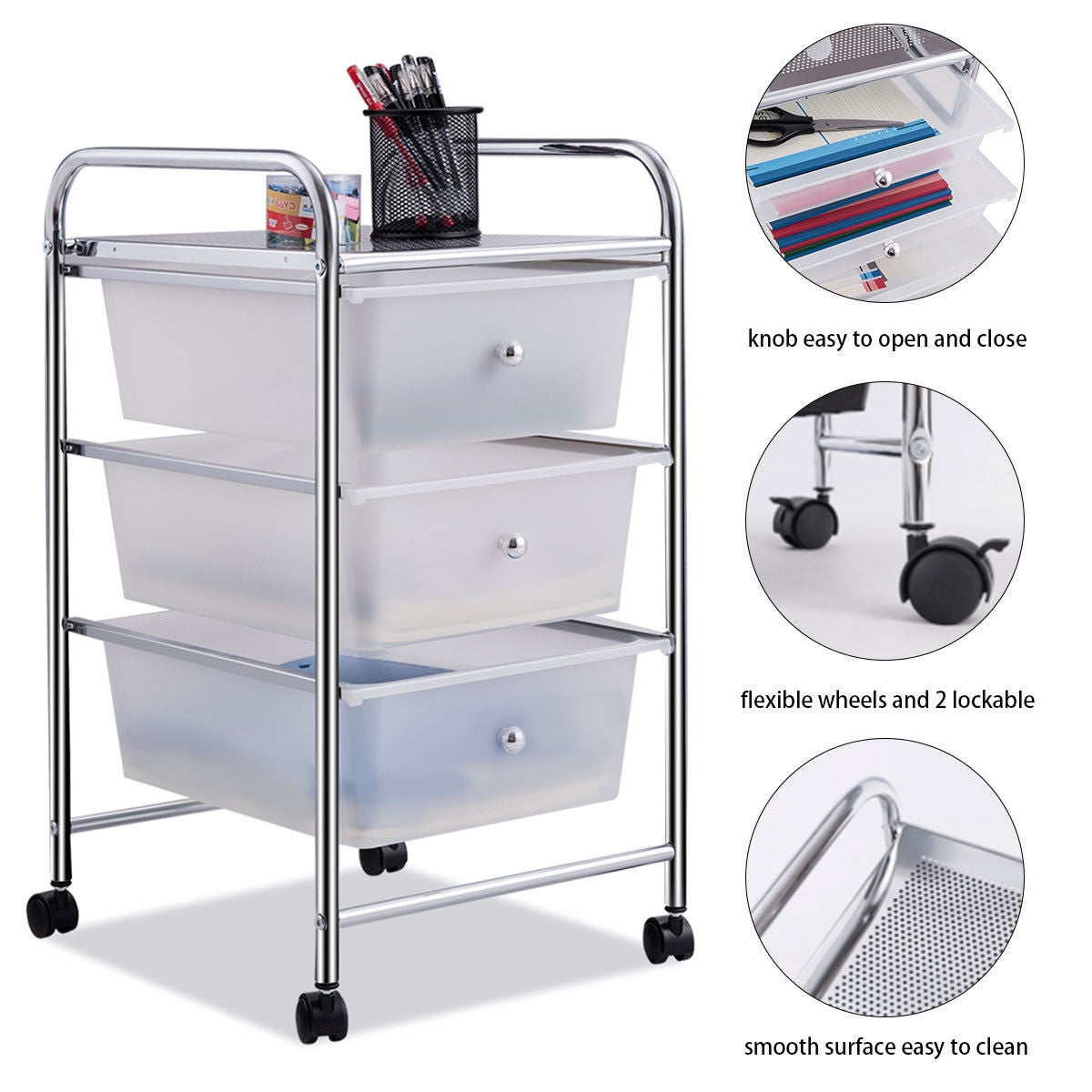 3 Drawers White Metal Rolling Storage CartÂ