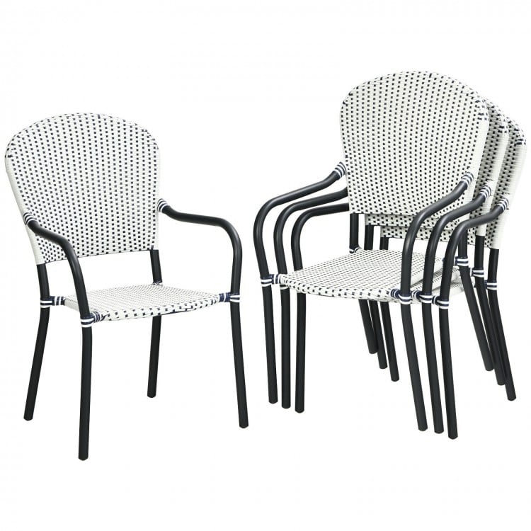 Set of 4 Patio Rattan Stackable Dining Chair with Armrest for Garden-White